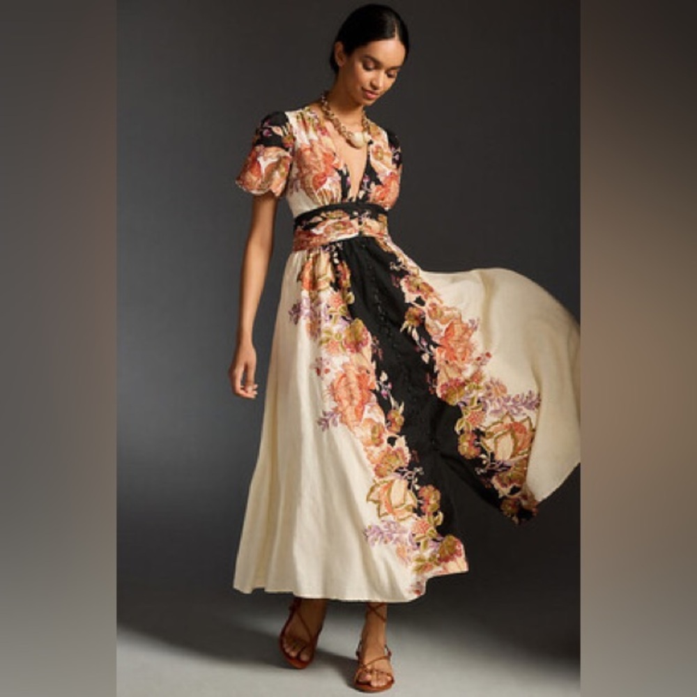Anthropologie Cream and Black Asymmetrical Tiered Maxi Dress